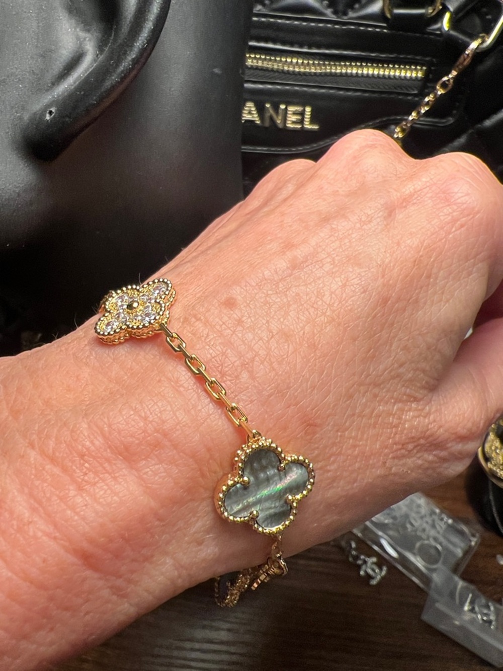 Gold Clover Link Bracelet with Mother-of-Pearl and Pave Accents